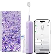 Brosse à dents électrique violette affichée à côté du smartphone montrant l'interface de l'application compagnon, avec un fond de motif abstrait violet.