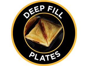 Le texte se lit comme suit : « PLAQUES DE REMPLISSAGE PROFONDES ». Logo circulaire noir et doré avec une pyramide géométrique ou une forme de losange au centre.