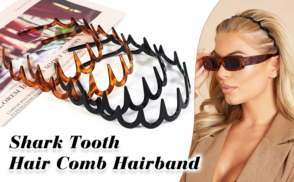 Shark Tooth Hair Peb aux couleurs noir, marron et écaille de tortue. Design en forme de griffe pour saisir les cheveux. Montré porté sur une femme blonde avec des lunettes de soleil.
