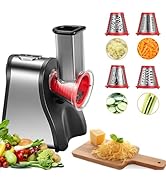 Robot culinaire électrique avec divers accessoires illustrés en train de transformer des légumes et des fruits en tranches. Plusieurs images montrent différents résultats de coupe.