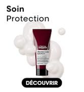 Le texte se lit comme suit : « Soin Protection Découvrir ». Produit cosmétique en tube bordeaux sur fond blanc avec des éléments de design circulaires.