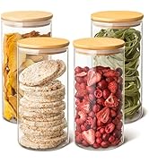 Praknu Lot de 4 Bocaux en Verre Hermetiques avec Couvercle en Bambou - Réutilisable - 8 Joints - ...