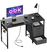 Le texte indique « ODK ». Variante de bureau de jeu noire avec logo LED bleu-violet, affiché sous plusieurs angles pour montrer les fonctionnalités de rangement et de gestion des câbles.