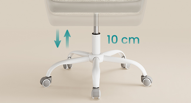 Base de chaise de bureau blanche à roulettes, présentant une plage de réglage de la hauteur de 10 cm indiquée par des flèches turquoises.