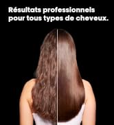 Le texte se lit comme suit : « Résultats professionnels pour tous types de cheveux ». Comparaison avant et après des traitements capillaires montrant une transformation des cheveux longs bruns.
