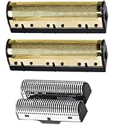 : deux écrans en aluminium doré à surfaces perforées et deux blocs de coupe noirs à lames multiples. Conçu pour la coupe des poils du visage