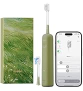 Brosse à dents électrique intelligente de couleur vert olive montrée à côté d'un smartphone affichant l'interface de son application associée, avec un livre ou une couverture sur le thème de la nature en arrière-plan.