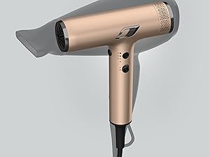 Sèche-cheveux de qualité professionnelle en finition or rose métallisé avec réglages réglables et embout concentrateur.