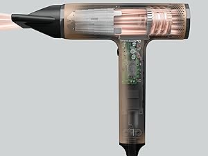 Sèche-cheveux professionnel transparent avec composants internes et circuits visibles, doté d'un design élégant avec des accents noirs et dorés roses.