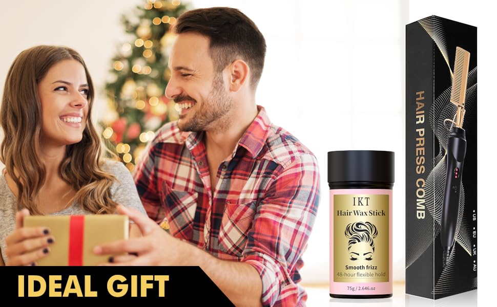 Le texte indique « CADEAU IDÉAL ». La photo du produit montre une boîte noire avec un motif doré et une bouteille ambrée d'huile ou de sérum pour la croissance de la barbe.