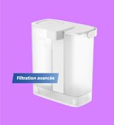 Le texte indique « Filtration avancée ». Angles multiples d'un appareil électronique rectangulaire blanc sur fond violet, montrant différentes vues du produit.