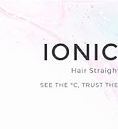 Texte « IONIC Hair Straight » sur fond aquarelle rose pastel et bleu avec de petits points blancs. Texte partiel « VOIR LES °C, AVOIR CONFIANCE EN EUX » visible ci-dessous.
