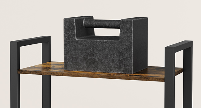 Boîte de rangement rectangulaire en feutre noir avec poignées découpées, positionnée sur une étagère en bois soutenue par des pieds en métal noir