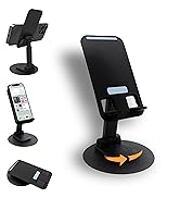 Support ou support noir ajustable pour tablette/téléphone présenté sous plusieurs angles, démontrant différentes positions et capacités de rotation.