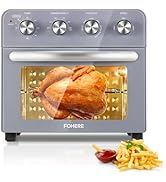 Appareil de comptoir en acier inoxydable illustré avec du poulet rôti et des frites, avec boutons de commande et chambre de cuisson.