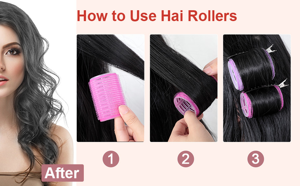 présentant trois étapes : peigner les cheveux, appliquer les rouleaux et rouler les cheveux. L'image « Après » affiche le résultat des cheveux ondulés.