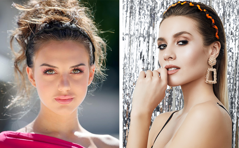 Boucles d'oreilles pendantes en or à motif géométrique portées par le mannequin. Bandeau tressé orange visible. Le fond argenté scintillant suggère un cadre festif ou glamour