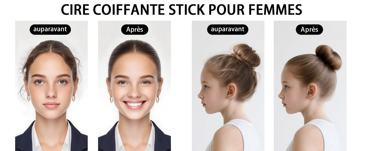Le texte indique « CIRE COIFFANTE STICK POUR FEMMES ». Séquence de démonstration avant et après montrant la transformation de la coiffure d'un style lâche à un style sécurisé à l'aide d'un produit capillaire.