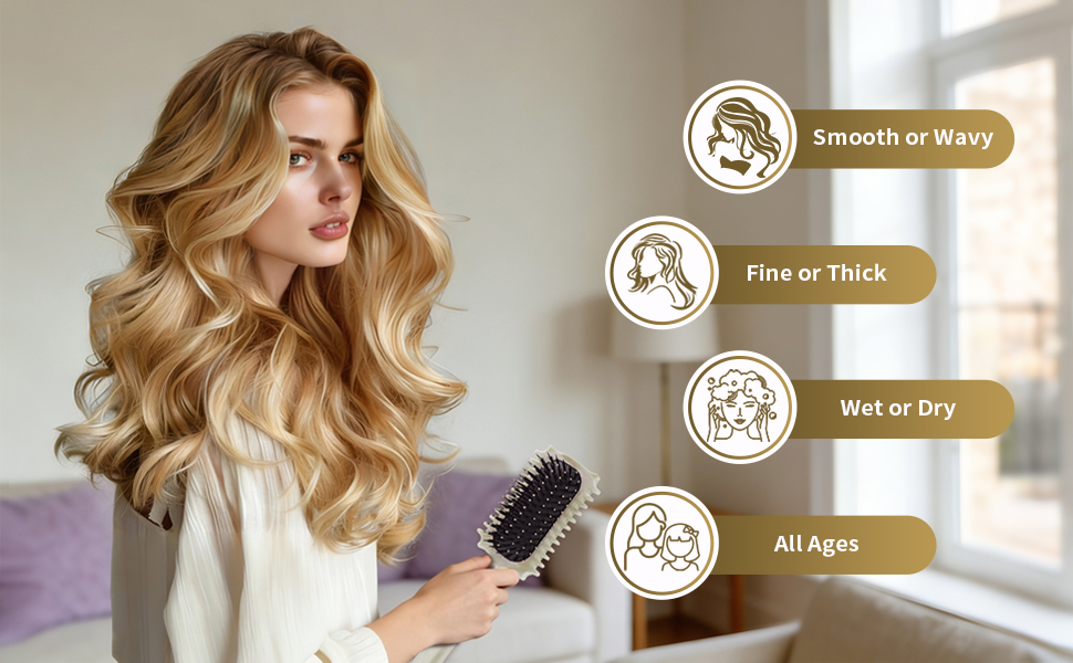 Caractéristiques du produit de coiffure illustrées par des icônes : « Lisse ou ondulé », « Fin ou épais », « Mouillé ou sec », « Tous âges ». La démonstration montre la coiffure avec une brosse ronde.