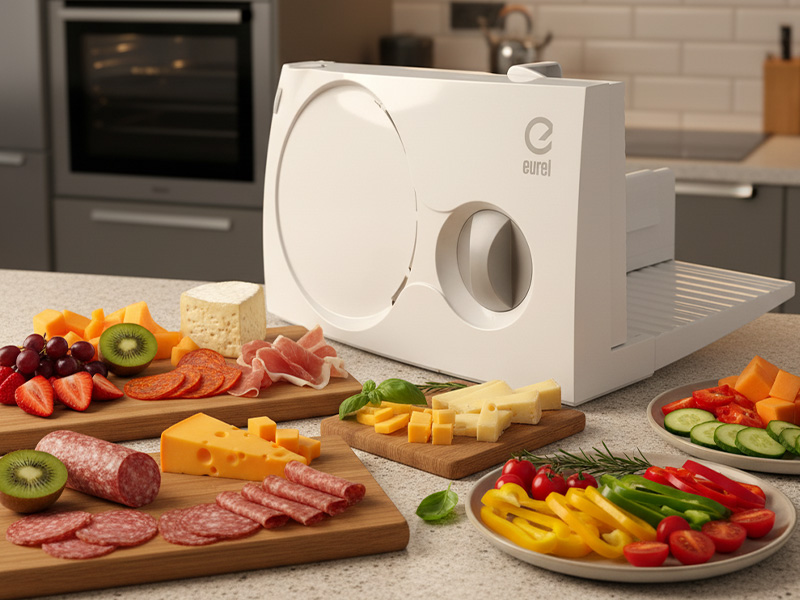 Série d'images de préparation des aliments montrant divers légumes et viandes colorés tranchés sur des planches à découper en bois.