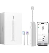 Ensemble de brosse à dents électrique intelligente avec base de chargement, smartphone affichant une interface d'application complémentaire et emballage du produit au design blanc minimaliste.