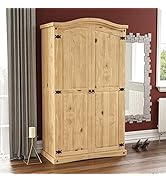 Le texte se lit comme suit : « Image 1 ». Armoire en pin du Mexique à deux portes avec charnières et poignées en métal noir. Finition en bois naturel avec dessus cintré.