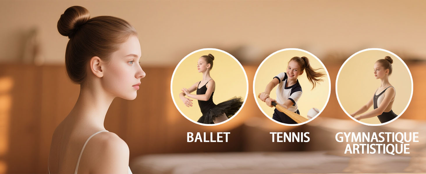 Le texte indique « GYMNASTIQUE DU TENNIS DE BALLET » avec des icônes circulaires représentant des silhouettes d'athlètes/danseurs effectuant différentes activités. Les icônes semblent être des boutons de navigation ou de catégorie.