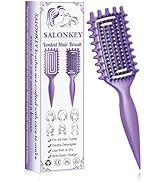Le texte indique « SALONKEY ». Pinceau démêlant violet avec plusieurs vues montrant l'emballage et les détails du produit. Doté de poils incurvés et d'une poignée ergonomique.