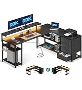 ODK Bureau avec Tiroirs, Bureaux d'angle Réversible avec 2 Prises et 2 Ports USB, LED pour Bureau...