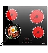 Séquence montrant une table de cuisson électrique en cours d'utilisation, passant d'une surface vide à une poêle, pour terminer avec un plat préparé.