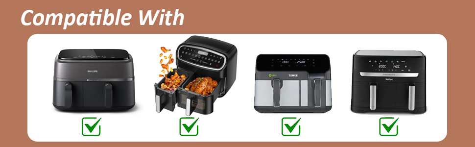 montrant quatre types différents d'appareils de cuisine, y compris les friteuses à air et les grille-pain, cochés
