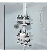 Panier de douche à deux niveaux suspendu à une porte de douche en verre, contenant diverses bouteilles de toilette. Comprend des étagères réglables et un porte-savon.