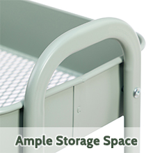 Gros plan d'un contenant de rangement vert clair avec un dessus incurvé et des côtés en filet. Le texte ci-dessous indique « Espace de stockage suffisant »