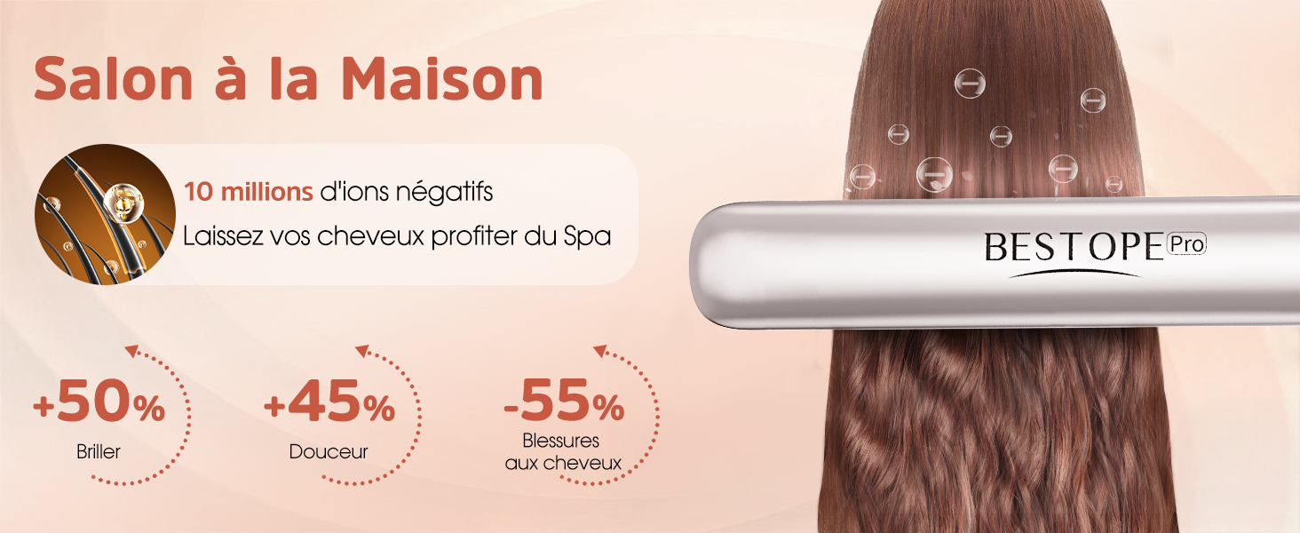 avec barillet métallique argenté illustré en train de lisser les cheveux bruns, avec des remises promotionnelles en pourcentage affichées ci-dessous.