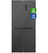 Réfrigérateur à quatre portes gris foncé au design minimaliste. Étiquette d'efficacité énergétique visible dans le coin.