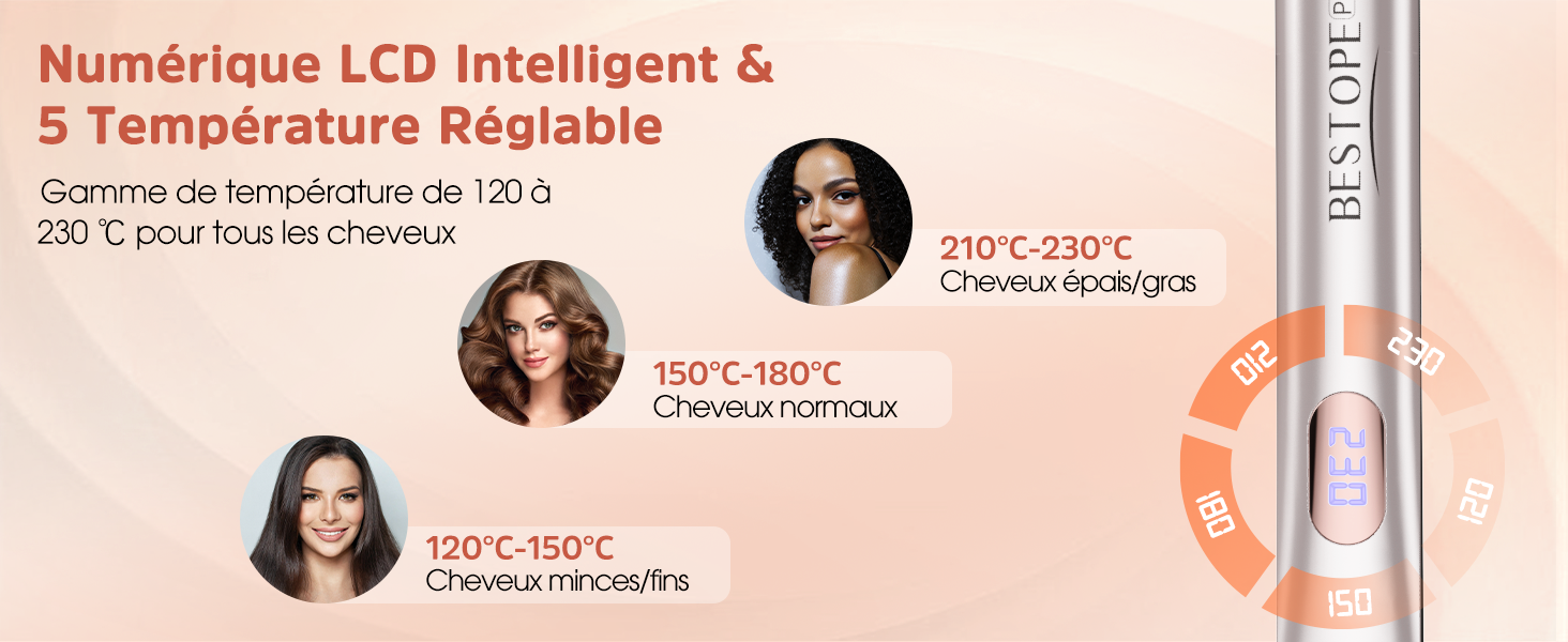 avec écran LCD et 5 réglages de température réglables. Plage de 120 °C à 230 °C pour différents types de cheveux. Design cylindrique orange et blanc avec affichage numérique.
