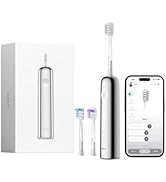 Ensemble de brosse à dents électrique intelligent affichant une unité de brosse à dents blanche, des têtes de rechange et une interface d'application pour smartphone sur fond blanc.