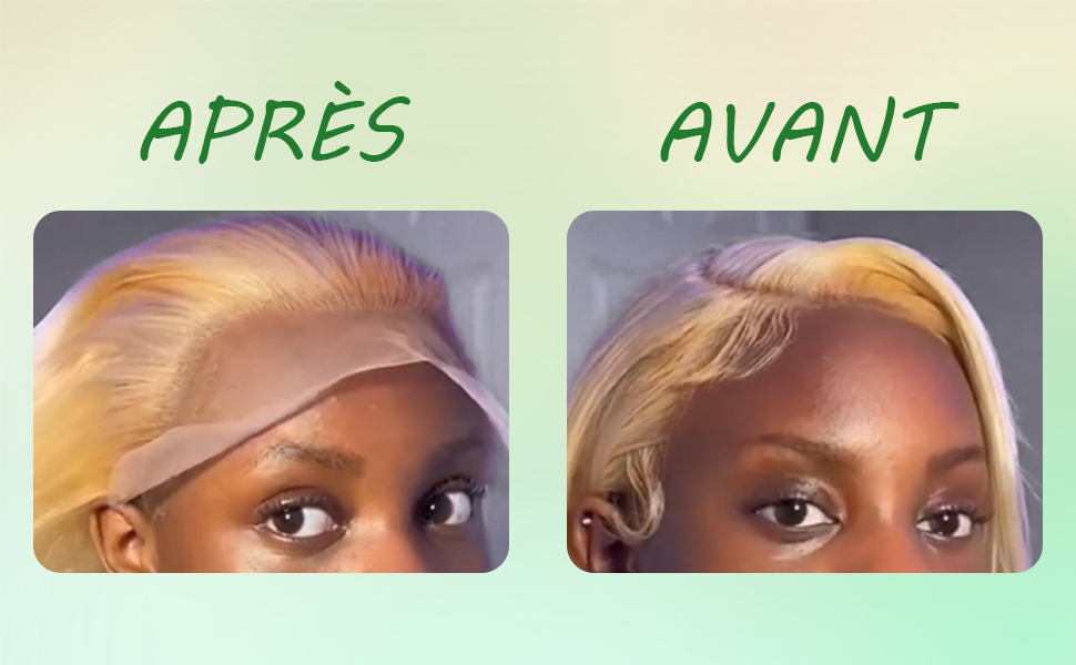 Image divisée montrant un gros plan de cheveux. La face « Avant » montre des cheveux blonds crépus, la face « Après » montre des cheveux blonds plus lisses et plus droits