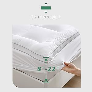 montrant une plage de profondeur extensible de 8 à 22 pouces, avec des flèches indiquant la capacité d'étirement.