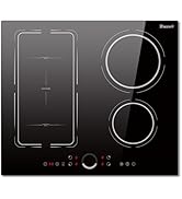 Interface de la table de cuisson en vitrocéramique noire montrant la disposition du panneau de commande tactile avec indicateurs de zone de cuisson circulaires et carrés.