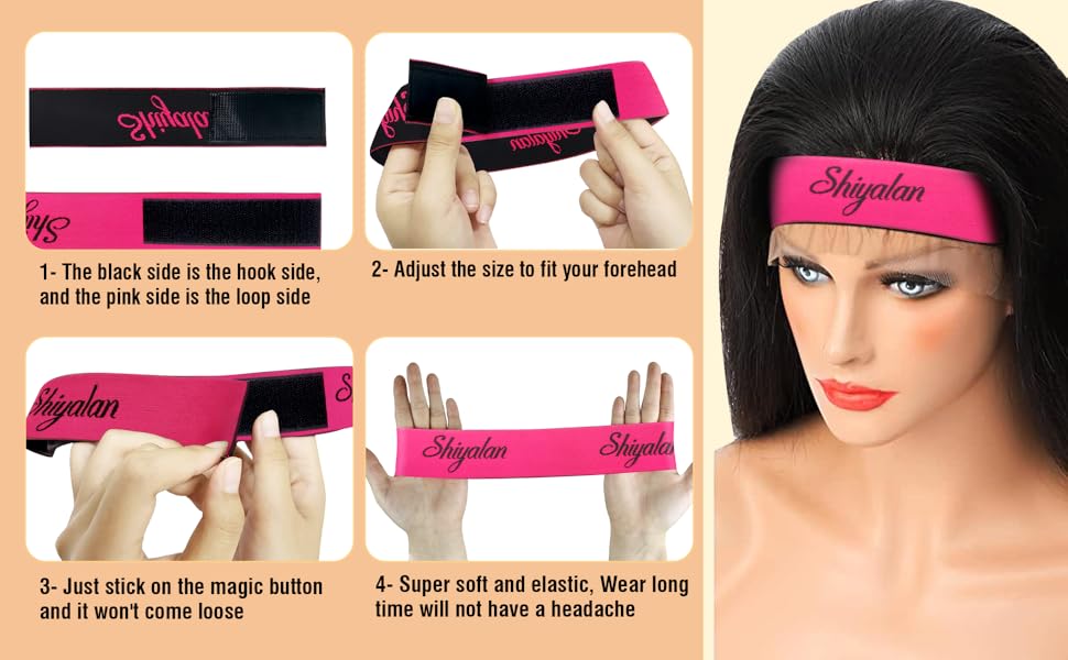 avec instructions. Noir d'un côté, rose de l'autre. Un guide en quatre étapes montre l'application et l'usure d'un modèle