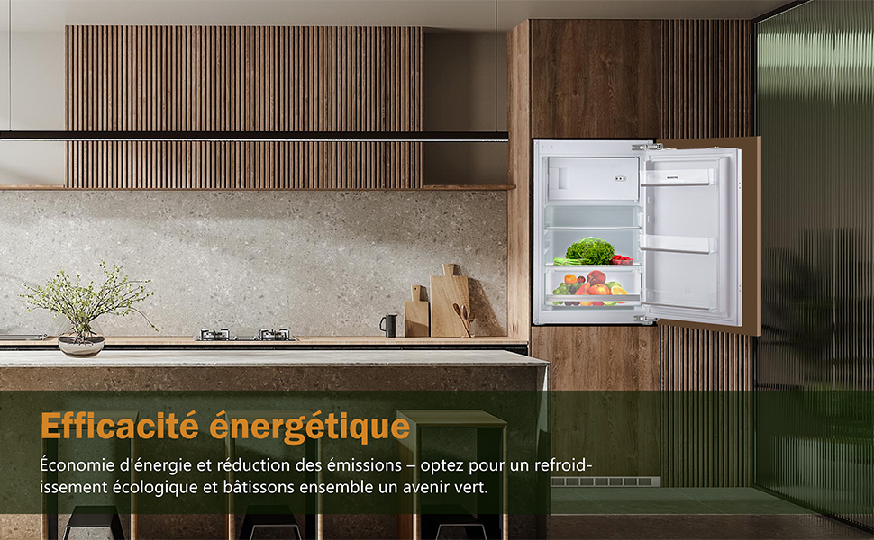 Le texte indique « Efficacité énergétique ». Intérieur de cuisine moderne avec appareils électroménagers intégrés et murs lambrissés.