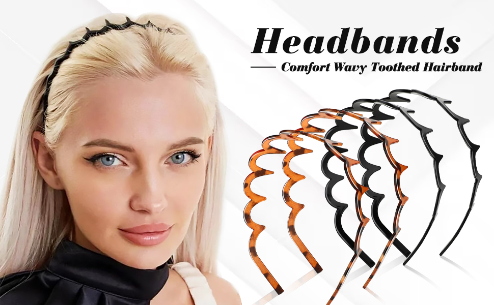 Bandeaux ondulés à dents en noir, orange et blanc. Produit présenté porté sur cheveux blonds, offrant confort et ajustement sûr pour la coiffure