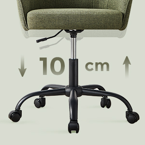 avec plage de réglage en hauteur de 10 cm, dotée de roulettes noires à cinq branches et d'un mécanisme de levage hydraulique en métal