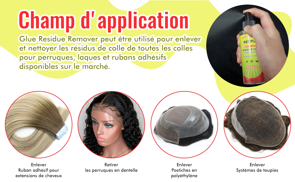 Flacon pulvérisateur et produits capillaires pour nettoyer les postiches. Les encarts circulaires présentent des exemples de perruques, d'extensions de cheveux et de rubans adhésifs pour diverses applications capillaires