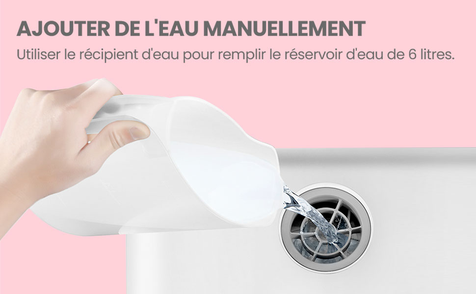 Le texte indique « AJOUTER DE L'EAU MANUELLEMENT » et « Utiliser le récipient d'eau pour remplir le réservoir d'eau de 6 litres ». Gros plan du mécanisme de remplissage d'eau avec des composants gris.
