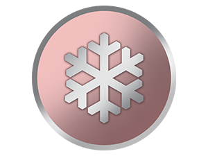 Trois icônes circulaires roses et grises représentant des symboles géométriques, dont un motif de flocon de neige.