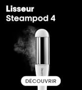 Le texte se lit comme suit : « Lisseur Steampod 4 » avec bouton « DÉCOUVRIR ». Image marketing montrant un appareil de couleur argentée avec effet de vapeur visible sur fond noir.