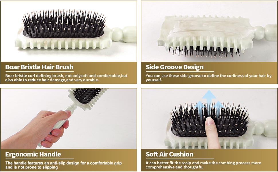 Le texte indique « Brosse à cheveux en poils de sanglier », « Design à rainures latérales », « Poignée ergonomique », « Coussin à air doux ». Schéma des caractéristiques du produit montrant les différents angles et composants d'une brosse à cheveux.