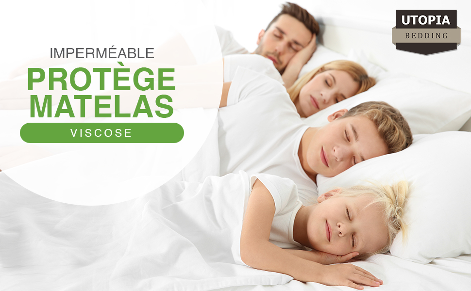 sur un protège-matelas avec le texte « Imperméable Protege Matelas » avec la marque de literie Utopia et